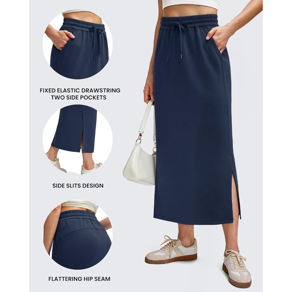 Women's Dark Blue Modal Soft Drawstring Casual Slits Lounge Pockets Maxi Skirt - Picture 4 of 6